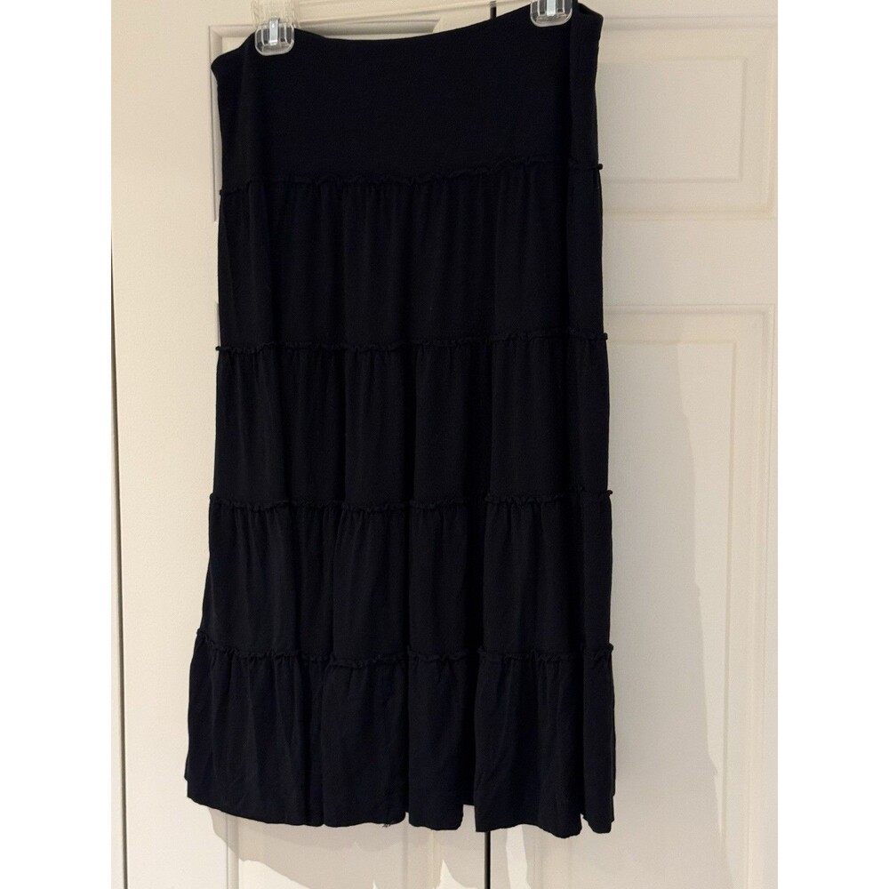 Grace Elements Black Jersey Tiered A-Line Midi Skirt Elastic Waist Size L